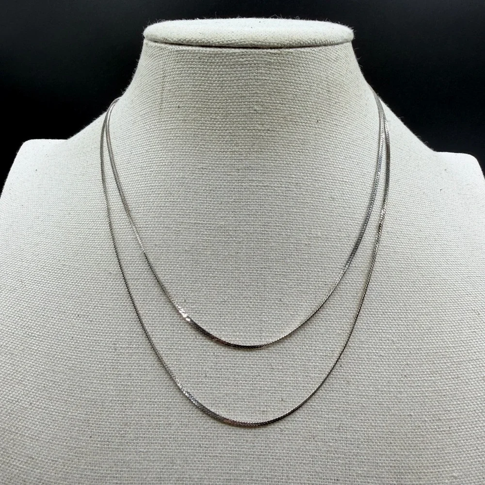 Silver Tone Double Strand Herringbone Chain Necklace Layered Minimalist Jewelry